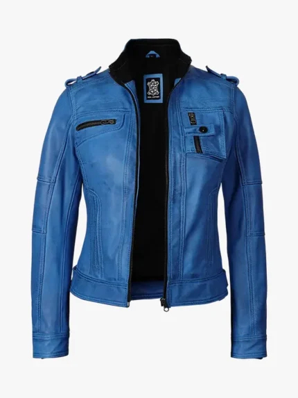 Womens Blue Waxed Biker Leather Jacket
