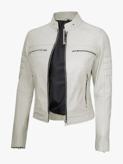 Womens Genuine Off White Leather Biker Jacket