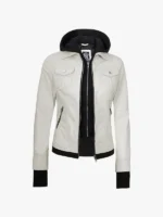 Womens Off White Detachable Hood Leather Jacket