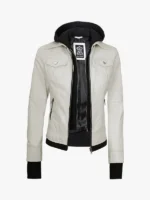 Womens Off White Leather Removable Hood Jacket