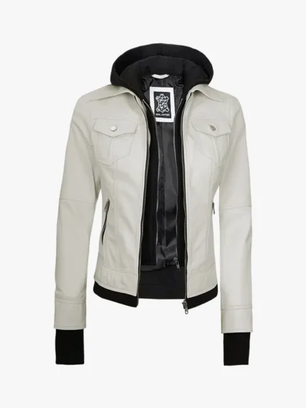Womens Off White Leather Removable Hood Jacket