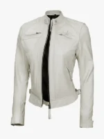 Womens Off White Quilted Leather Biker Jacket