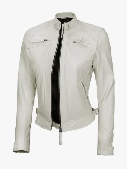 Womens Off White Quilted Leather Biker Jacket