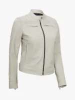 Womens Off White Real Leather Caf Racer Jacket