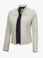 Womens Slim Fit Off White Caf Racer Leather Jacket