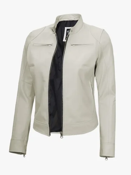 Womens Slim Fit Off White Caf Racer Leather Jacket