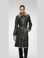 Women's Belted Black Shearling Leather Trench Coat