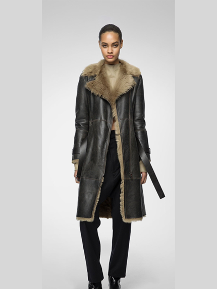 Women's Belted Shearling Leather Trench Black Coat