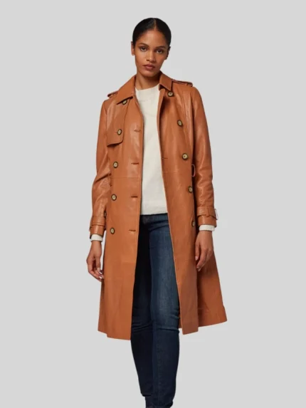 Women's Double Breasted Belted Brown Leather Trench Coat