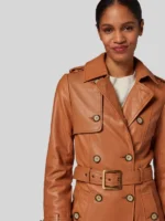 Women's Double Breasted Belted Leather Trench Brown Coat