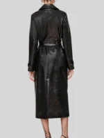 Women's Glazed Double Breasted Black Leather Trench Belted Coat