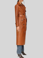 Women's Glazed Double Breasted Brown Leather Trench Belted Coat