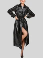 Women's Glazed Double Breasted Faux Leather Trench Belted Black Coat