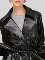Women's Glazed Double Breasted Faux Leather Trench Belted Coat