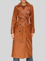 Women's Glazed Double Breasted Faux Leather Trench Belted Coat Brown