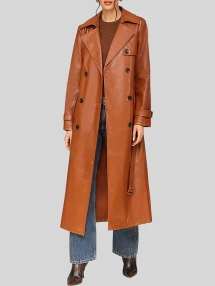 Women's Glazed Double Breasted Leather Trench Belted Coat