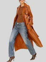 Women's Glazed Faux-Ever Leather Belted Trench Brown Coat