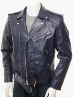 ASHCOMBE Mens Navy Leather Biker Jacket