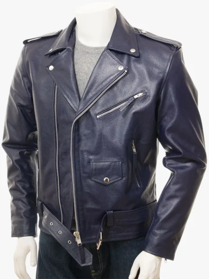 ASHCOMBE Mens Navy Leather Biker Jacket