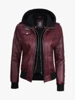 Burgundy Leather Jacket with Removable Hood For Women