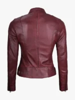 Dodge Womens Burgundy Cafe Racer Leather Biker Jacket