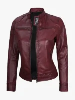 Dodge Women s Burgundy Cafe Racer Leather Jacket