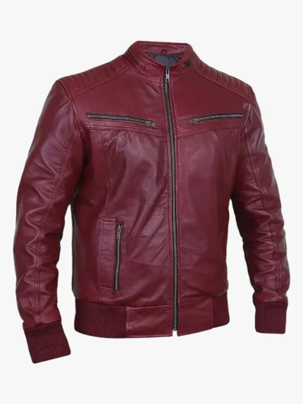 Jade Maroon Bomber Moto Leather Jacket