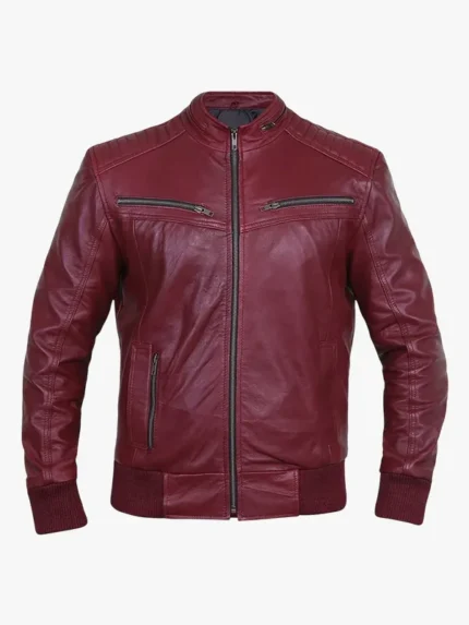 Jade Mens Maroon Bomber Moto Leather Jacket