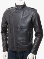 MENS NAVY LEATHER BIKER JACKET MUSBURY