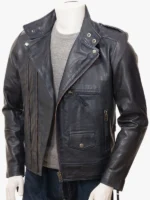MENS NAVY LEATHER BIKER JACKET MUSBURY