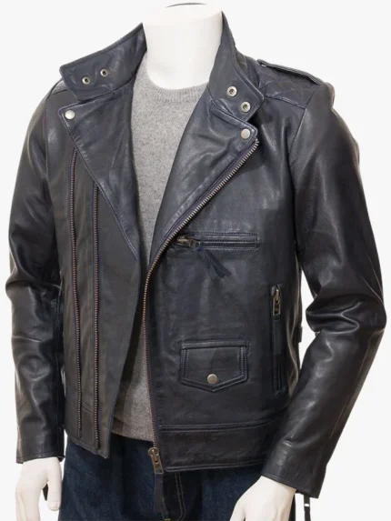 MENS NAVY LEATHER BIKER JACKET MUSBURY