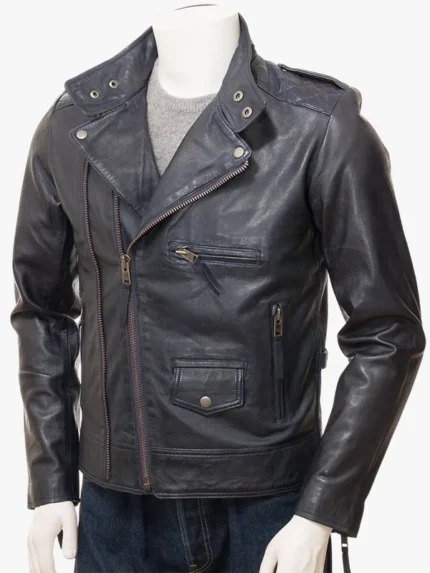MENS NAVY LEATHER BIKER JACKET MUSBURY