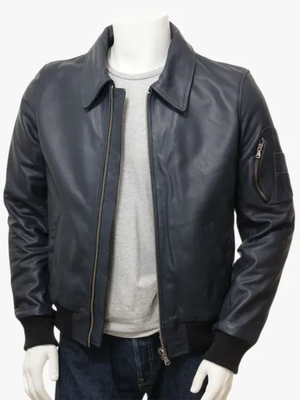 Mens Blue Leather Bomber Jacket Culmstock