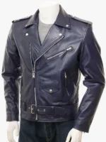 Mens Navy Leather Biker Jacket