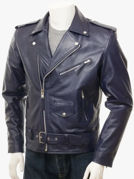 Mens Navy Leather Biker Jacket