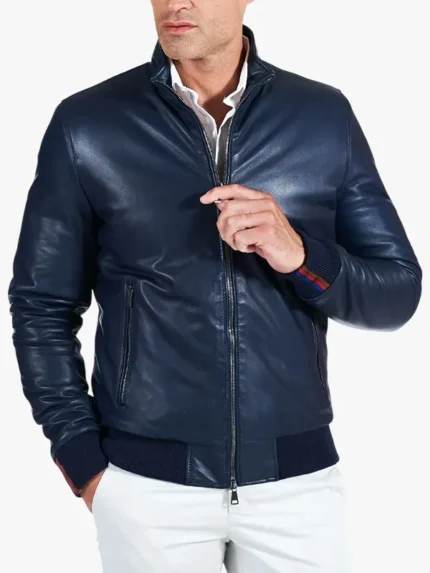 Mens Roy Bomber Leather Blue Jacket