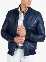 Mens bomber leather jacket blue leather bomber jacket Roy