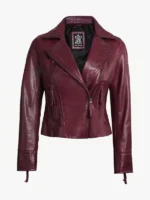 Ramsey Womens Burgundy Asymmetrical Waxed Biker Leather Jacket