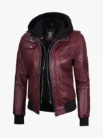 Women Burgundy Leather Hooded Jacket