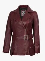 Womens Burgundy Asymmetrical Real Leather Biker Jacket