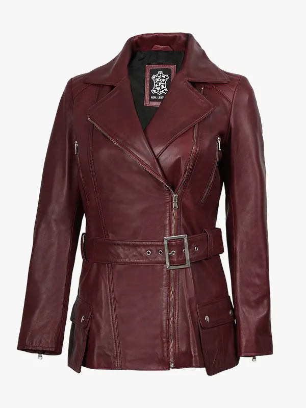 Womens Burgundy Asymmetrical Real Leather Biker Jacket Womens Burgundy Asymmetrical Real Leather Biker Jacket