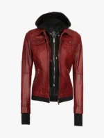 Womens Burgundy Hooded Leather Jacket