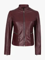 Women Burgundy Leather Cafe Racer Jacket
