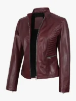 Womens Burgundy Leather Cafe Racer Jacket
