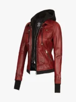 Womens Burgundy Leather Hooded Jacket