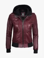 Womens Burgundy Leather Jacket Hood