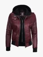 Womens Burgundy Leather Jacket With Hooded
