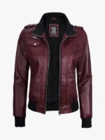 Womens Burgundy Leather Jacket with Removable Hood