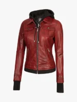 Womens Burgundy Leather Jacket with a Removable Hood