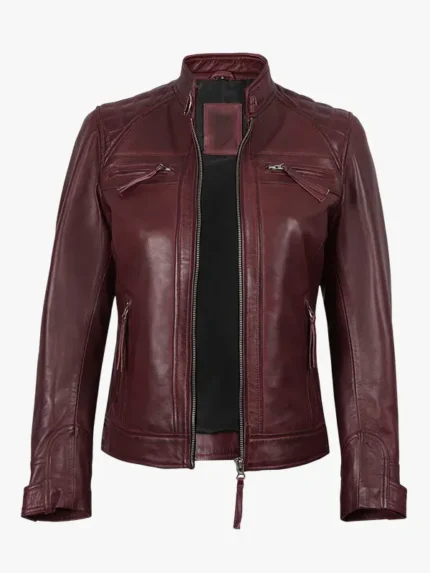 Womens Burgundy Real Lambskin Leather Biker Style Jacket